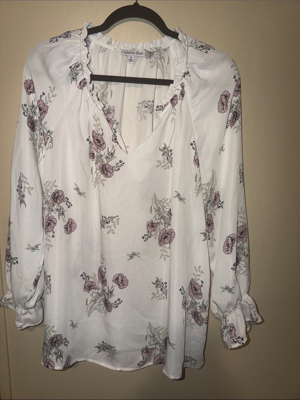 Orchard Rose White Floral V-Neck Ruffle Blouse